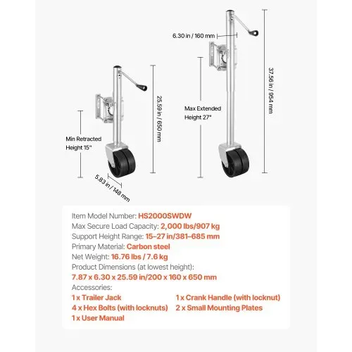 VEVOR Stützrad für Boote, 907 kg Tragfähigkeit, Bootstrailerheber mit PP-Doppelrad & ergonomischem Griff, Hubbereich von 381 bis 685mm, Bugrad geeignet für Wohnmobile, Boote & Nutzanhänger – Bild 6