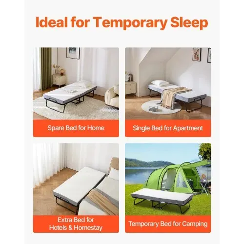 VEVOR Rollbett Klappbett mit 10 cm Matratze, faltbares Einzelbett mit Memory Foam-Matratze (190 x 81 cm), 136,1 kg belastbares Gästebett für Erwachsene, Metallbett für Schlafzimmer Wohnzimmer – Bild 5