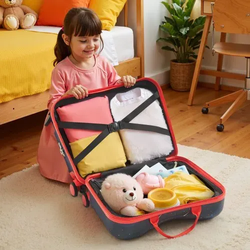 VEVOR Handgepäck Kinderkoffer, 26 L Fassungsvermögen, Hartschalenkoffer mit Rollen zum Draufsitzen, verstellbarer Schultergurt, Kinderreisetasche für Kinder ab 3 Jahren, Blau und Weiß – Bild 7