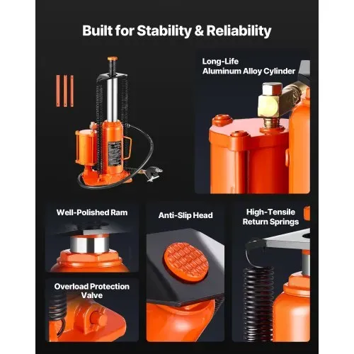 VEVOR lufthydraulischer Flaschenheber mit 12 t Tragkraft & Hubbereich 265–505 mm, pneumatisch/manuell, geschweißter Stempelwagenheber mit Pumpe für SUV Pickup Lkw PKW-Reparaturen, Orange – Bild 4