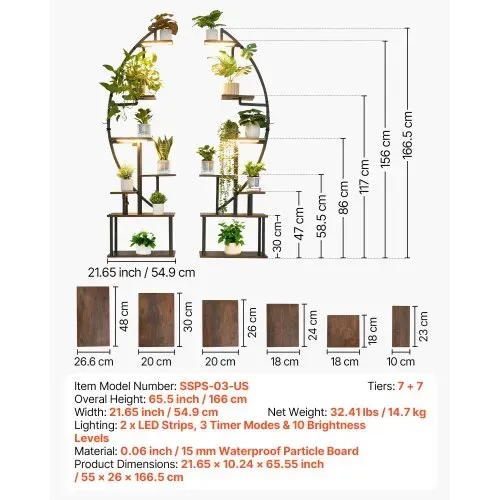 VEVOR Pflanzenständer mit Wachstumslichtern 2er Pack, 7-stufiger Blumenständer, Blumentreppe, Pflanzentreppe, 3 Timer- & 10 Helligkeitsstufen, Blumenregal für das Wohnzimmer, 550x260x1665mm – Bild 6