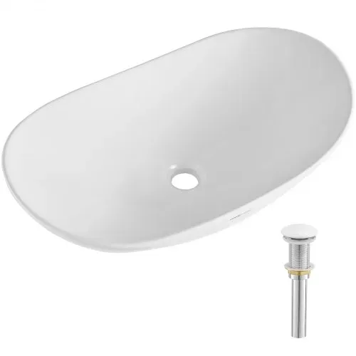 VEVOR Ovales Aufsatzwaschbecken Waschbecken, 592 x 361 x 158 mm, Badezimmer-Aufsatzwaschbecken über der Theke, Keramikwaschbecken moderner Stil, für Toiletten, Hotels, Restaurants, helles Weiß – Bild 8