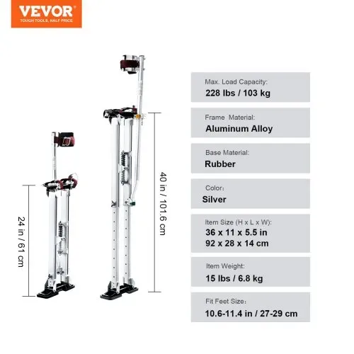 VEVOR Arbeitsstelzen Trockenbau 61–101,6cm Höhenverstellbar Aluminiumstelzen Deckenbau 103kg Tragfähigkeit Malerstelzen 27-29cm Fußgröße Für Malerarbeiten Heimdekoration Baumschnitt Elektroarbeiten – Bild 6