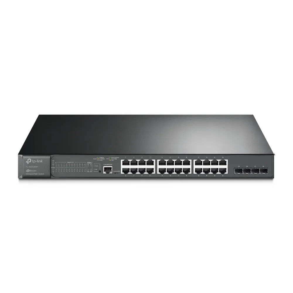 TP-Link Switch full managed Layer2+ 28 Port • 24x 1 GbE • 4x SFP • PoE Budget 384 Watt • 24x PoE at • 4x SFP • 19” • Omada • SG3428MP TP-Link Switch full managed Layer2+ 28 Port • 24x 1 GbE • 4x SFP • PoE Budget 384 Watt • 24x PoE at • 4x SFP • 19” • Omada • SG3428MP