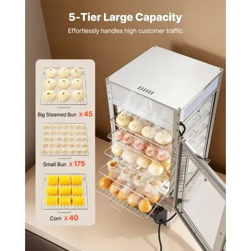VEVOR 5-stufiger Gewerblicher Speisenwämer 120 L 30 bis 110 ℃, 1200 W Brötchendämpfer LED-Beleuchtung & Verstellbaren Ablagen & Edelstahlrahmen, Warmhaltevitrine für Hamburger Mantou Brot – Bild 4