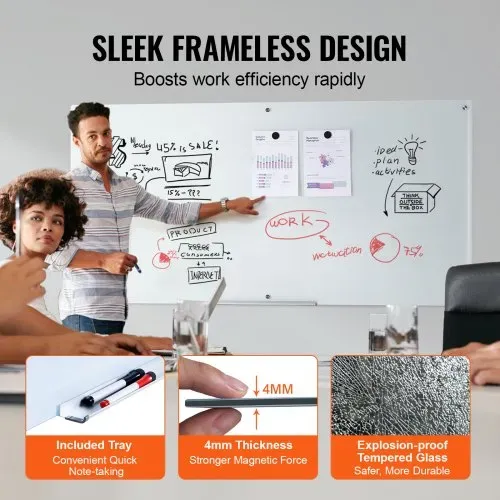 VEVOR Magnetisches Glas-Whiteboard, Wandtafel Trocken Abwischbare Tafel 1829 x 915 cm, Wandmontiertes Weißes Glasboard ohne Rahmen, mit Stiftablage, einem Radiergummi& 2 Stiften, Magnettafel Weiß – Bild 2