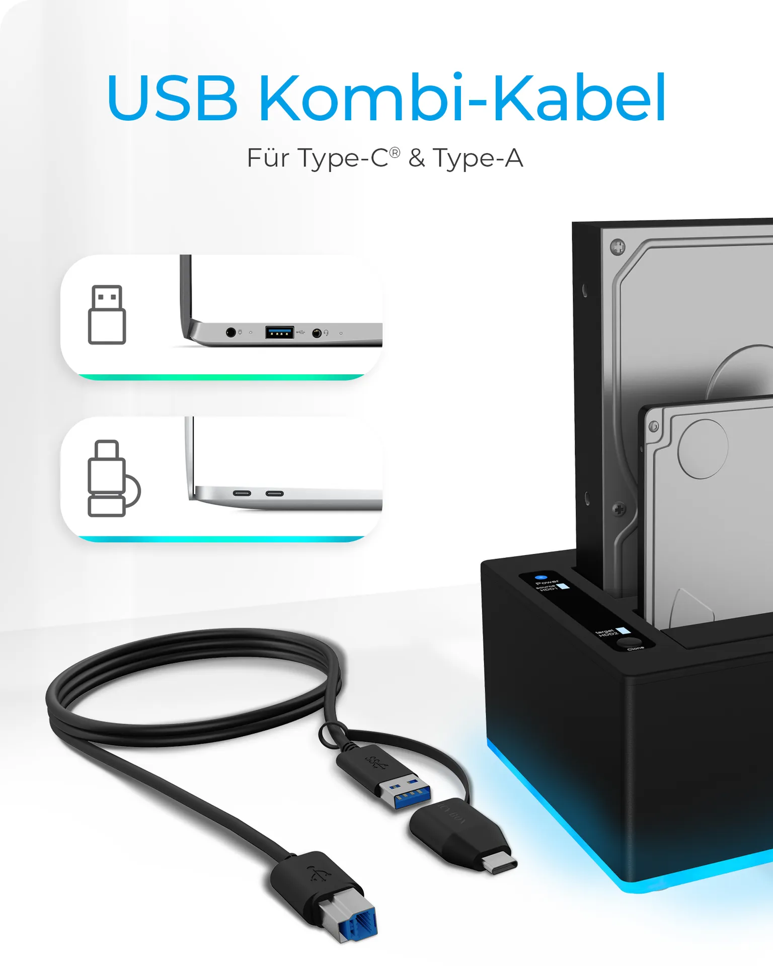 ICY BOX IB-127CL-U3; Docking und Klonstation für 2x 2,5" oder 3,5" HDD/SSD zu USB 3.2 Gen 1 Host, SINGLE + copy funktion, UASP & SATA III (6 Gbit/s) – Bild 7
