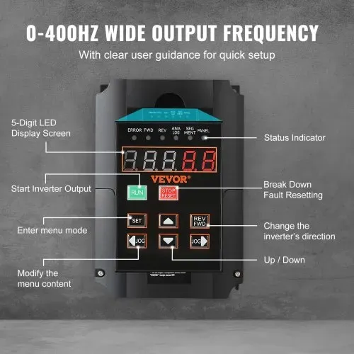 VEVOR Frequenzumrichter VFD 10 PS, 7,5 kW, 35 A, 1- oder 3-phasiger 220-V-Eingang auf 3-phasigen 220-V-Ausgang, 40-60-Hz-Eingang, 0-400-Hz-Ausgang, VFD für Spindelmotor-CNC-Drehzahlregelung – Bild 2