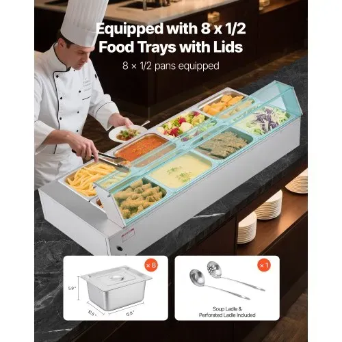 VEVOR kommerzieller Speisenwärmer (8 x 1/2 Größe Behälter), 1,7 kW elektrischer Wärmebehälter aus Edelstahl mit Glasabdeckung & Suppenkelle, Chafing Dishes für Catering Restaurant Party – Bild 2