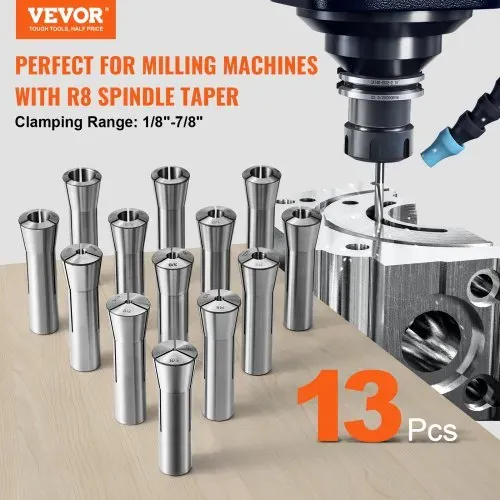 VEVOR 13-teiliger Präzisions-R8-Spannzangensatz, 1/8-7/8 Zoll (3,2-22,2 mm), Kohlenstoffstahl-Spannzangenfutter 30 μm TIR für Fräsmaschinen, Bohrmaschinen, Bohrmaschinen, Bearbeitungszentren VEVOR 13-teiliger Präzisions-R8-Spannzangensatz, 1/8-7/8 Zoll (3,2-22,2 mm), Kohlenstoffstahl-Spannzangenfutter 30 μm TIR für Fräsmaschinen, Bohrmaschinen, Bohrmaschinen, Bearbeitungszentren