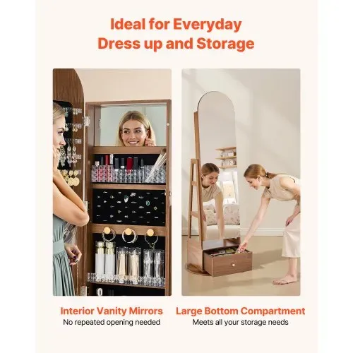 VEVOR 360° drehbarer Schmuckschrank (1655 mm hoch) mit Ganzkörperspiegel mit Stauraum, Schmuckschrank-Organizer mit 2 Schlüsseln & Zubehörtaschen & Ablagefächer & Schubladen, Schmuckaufbewahrung – Bild 5