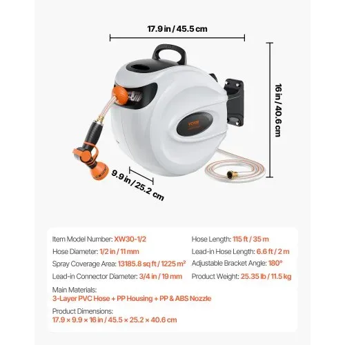 VEVOR Schlauchtrommel Wasser 35mx12mm mit Wandhalterung Tragegriff Schlauchaufroller mit 9-Muster-Sprühdüse & Gartenschlauch 180° Schwenkbar Wand-Schlauchbox mit Aufroll-Automatik Gießen Autowaschen – Bild 6