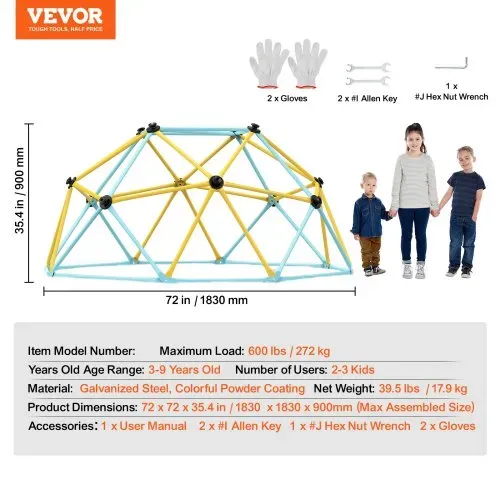 VEVOR Kletterkuppel 1,80 m hohes geometrisches Kletterkuppel-Spielzentrum für Kinder von 3 bis 9 Jahren, Klettergerüst 272 kg Tragfähigkeit, mit Klettergriff, Spielgerät Hinterhof Garten – Bild 6